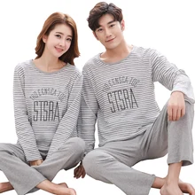 Высокое качество Весна хлопок полосатый пара пижамный комплект с длинным рукавом с надписью удобные любителей пижамы