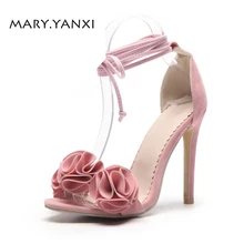 

Summer Women Sandals Shoes Flock Nubuck Sweet Fashion Casual Ankle Strap Lace-Up Solid High Thin Heels Flock Pleated Cover Heel