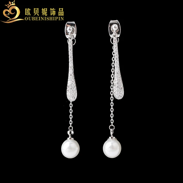 Fashion 925 Sterling Silver Cubic Zirconia Long Post Bar Ear Jacket Fashion 925 Sterling Silver Cubic Zirconia Long Post Bar Ear Jacket Front Back Pearl Stud Earring