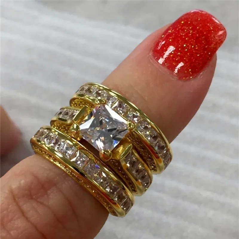 Милый женский комплект из 3 предметов, обручальное кольцо с цирконием, кристалл, 925 серебро, желтое золото, свадебные ювелирные кольца, обручальные кольца для женщин