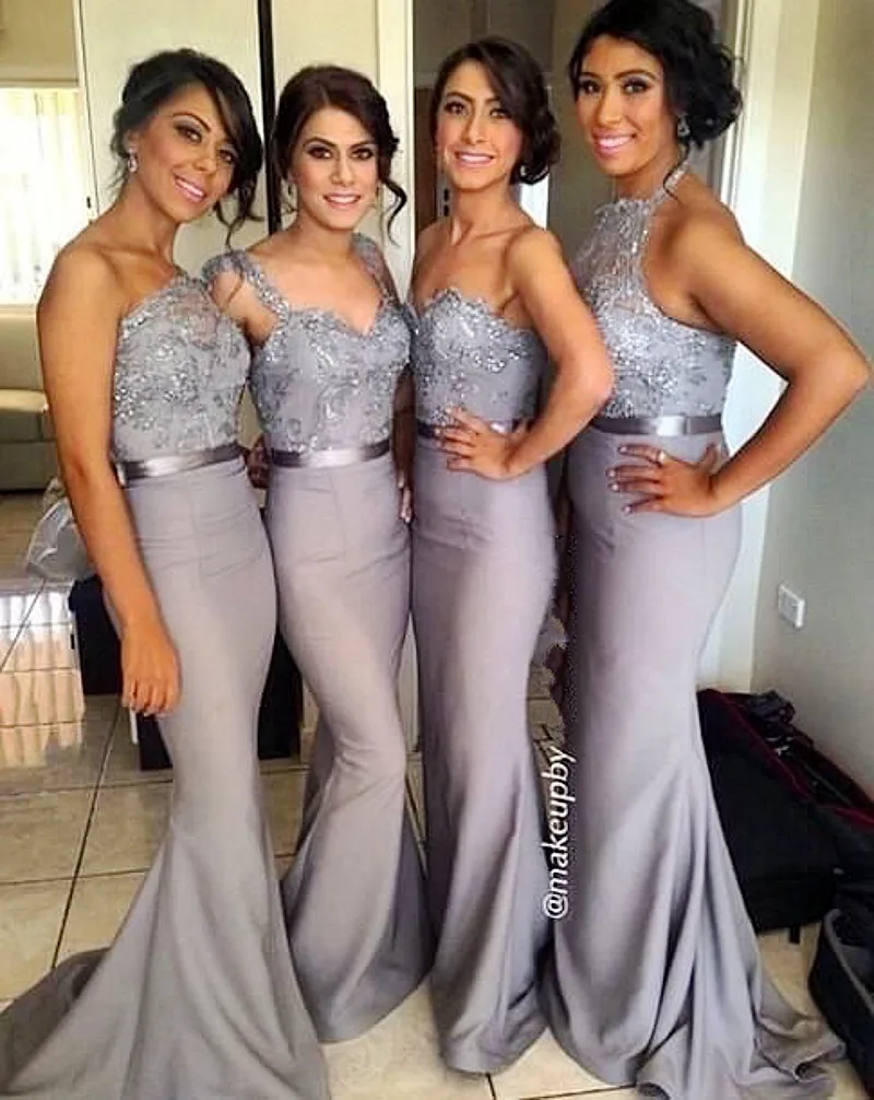 silver lace bridesmaid dresses