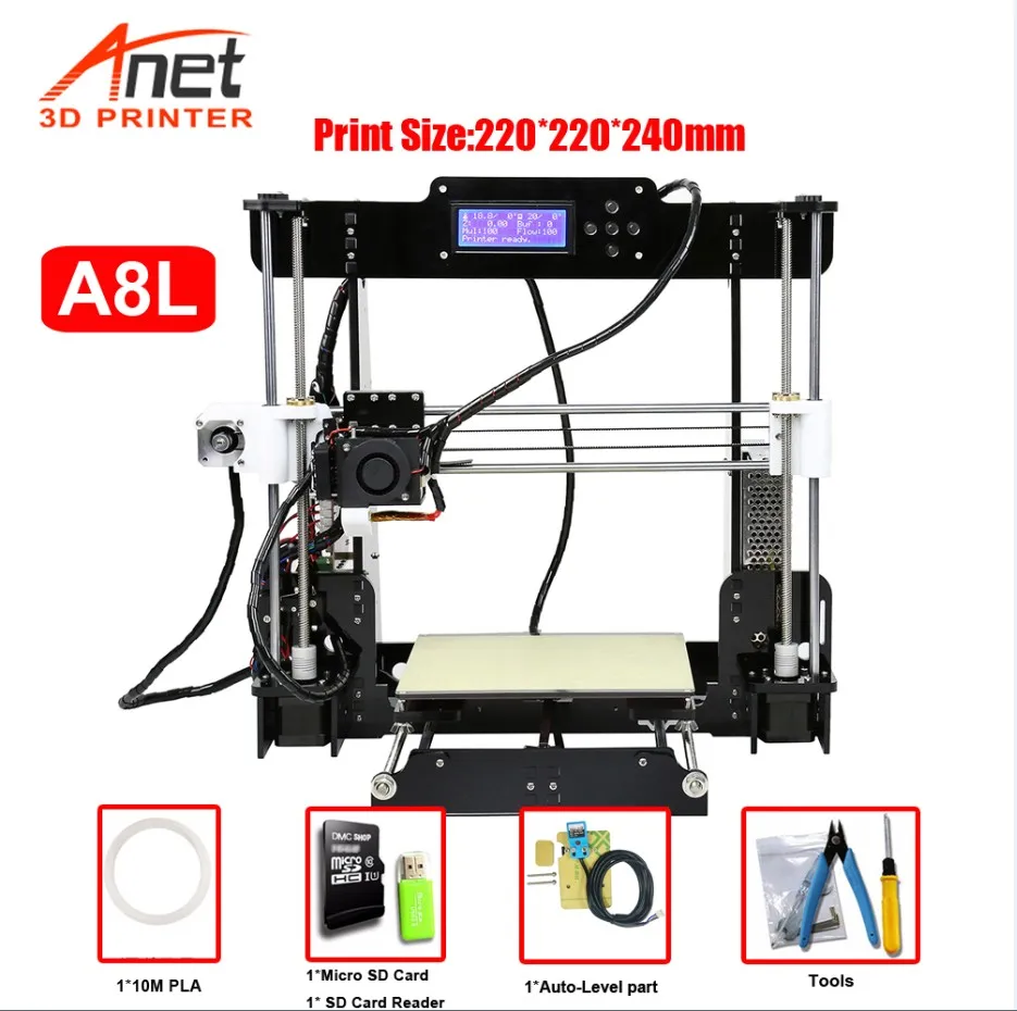 Заводская распродажа Anet A8 3d принтер 2004 lcd MK8 насадка Высокая точность Reprap i3 DIY Набор 3d принтер размер печати 220*220*240 мм - Цвет: A8L 3D Printer