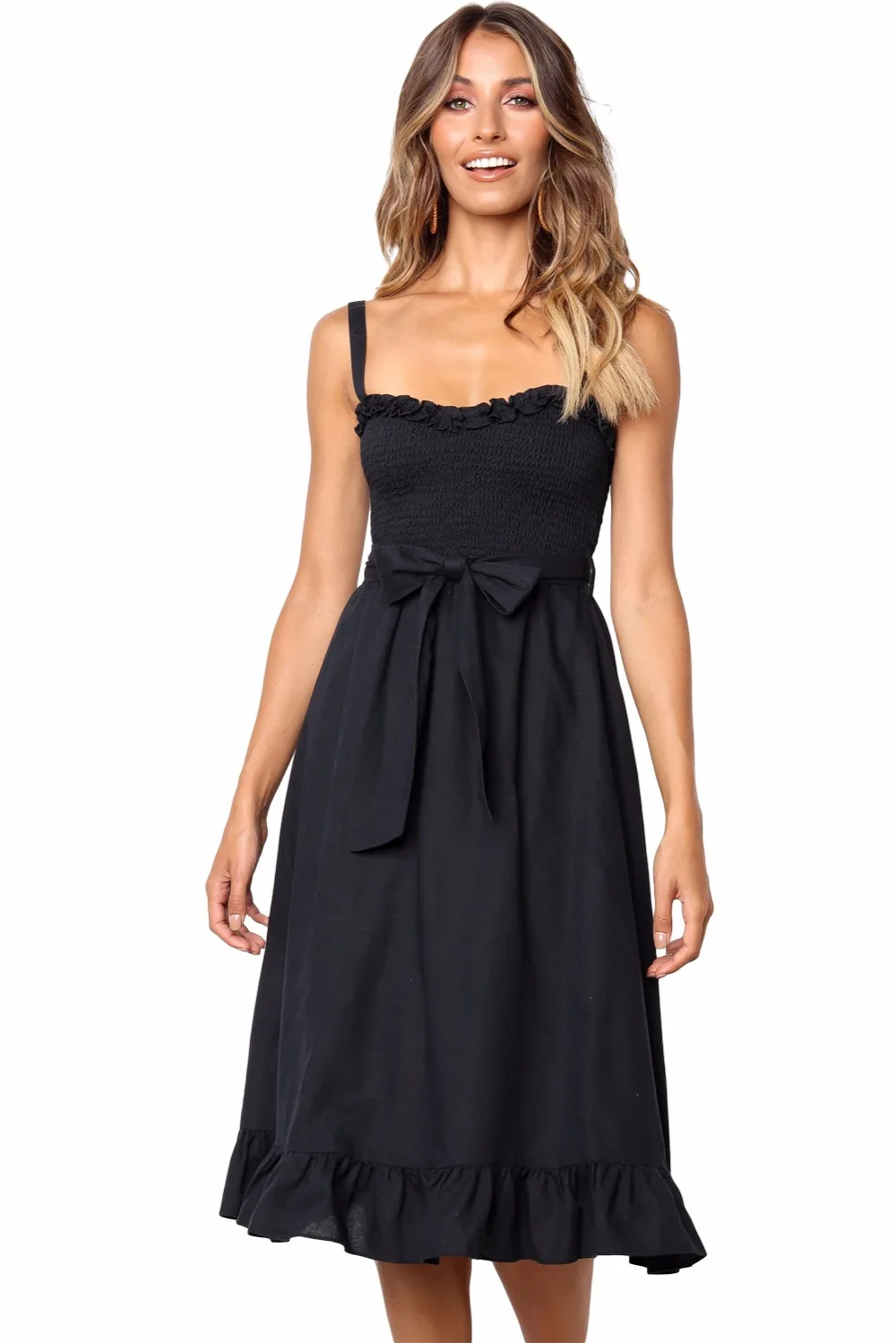 shirred bodice midi dress
