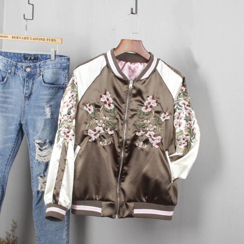Tout Femmes Spéciale Offre De Réversible Pleine Nouvelle Broderie Féminin Baseball Survêtement Veste army Lâche Uniforme Printemps Noir allumette Green 2017 wqtr7w