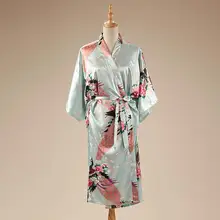 Светло-голубой атласный женский халат в китайском стиле ночная рубашка с принтом кимоно юката банный халат с цветочным принтом BR120