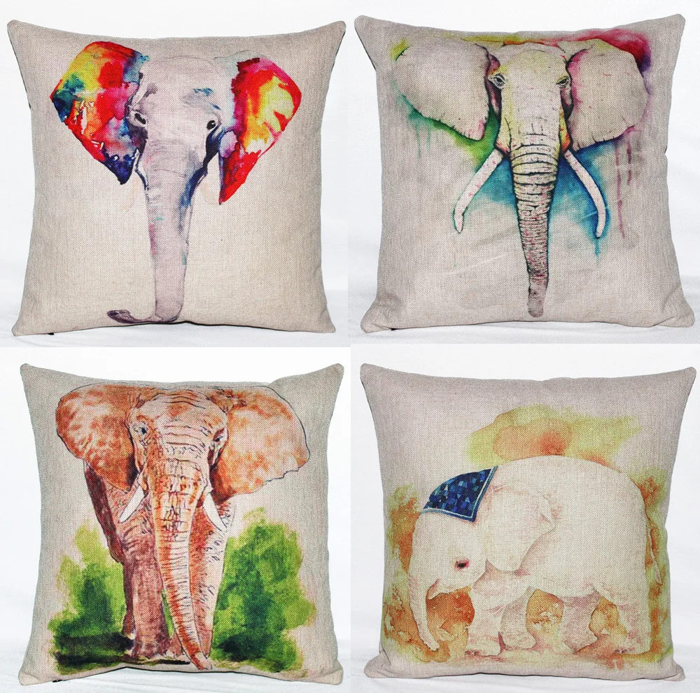 Elephant Cushion Cover Watercolor Animal Pillow Case Hand Painting