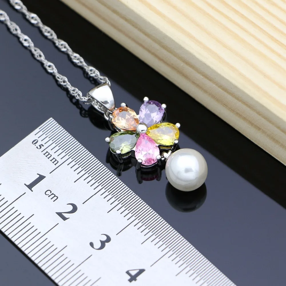Kopen Bloem Multicolor Zirkoon Witte Parels 925 Zilveren Sieraden Sets Voor Vrouwen Bruiloft Oorbellen Hanger Ring Armband ketting Set