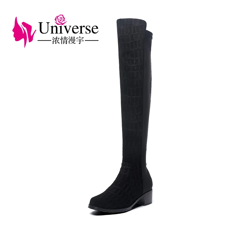 Universe/женские сапоги до колена из эластичной ткани, зимние сапоги на среднем каблуке, короткие сапоги до бедра с плюшевой подкладкой, G406