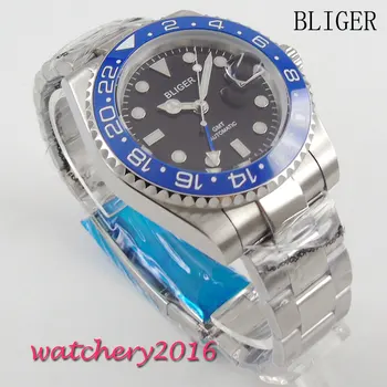 

New 40mm Bliger Black Dial blue ceramic bezel Analog Sapphire Glass GMT Automaic Movement Men's Mechanical Wristwatches