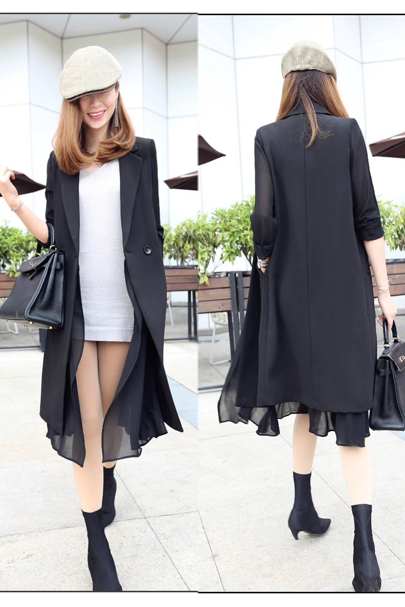 Новинка, Корейская Весенняя летняя длинная шифоновая ветровка, пиджак, женский модный черный пиджак большого размера, женская одежда X683