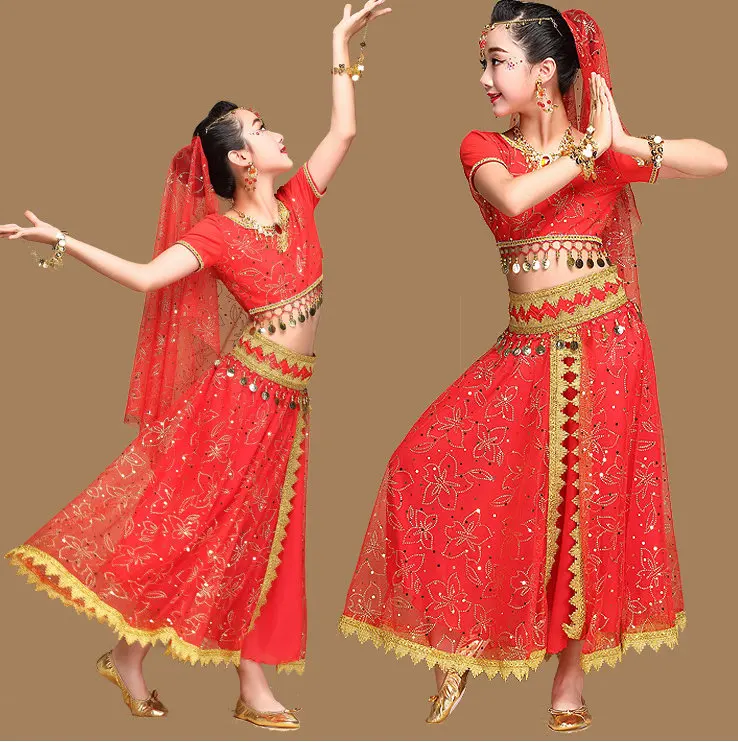 

Sari Dancewear girl Children Belly Dance Costume Set Indian Dance Costumes Bollywood Dresses 4pcs (Top Belt Skirt Veil)