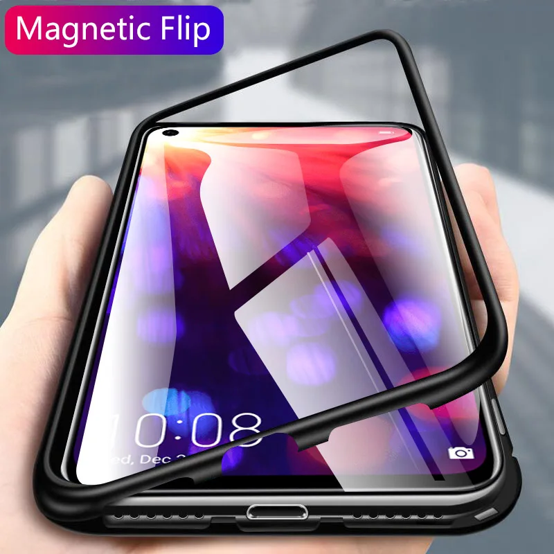 

Magnetic Adsorption Flip Case For Samsung Galaxy A50 A60 A70 A7 A9 2018 Note 8 9 S8 S9 Plus S10 S10e Glass Phone Case Back Cover