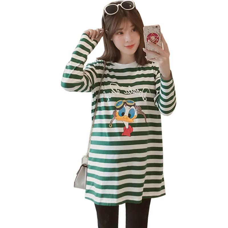 

2018 Autumn Knitted Cotton Striped T-shirt Maternity Long Sleeve Tops Cute Cartoon Print High Quality Plus Size Wholesale Retail