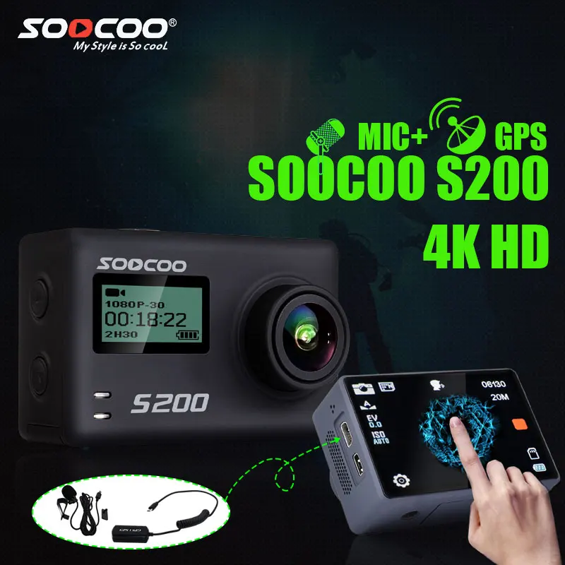 

SOOCOO S200 Action Camera Ultra HD 4K NTK96660 + IMX078 with WiFi Gryo Voice control external mic GPS 2.45" touch lcd screen