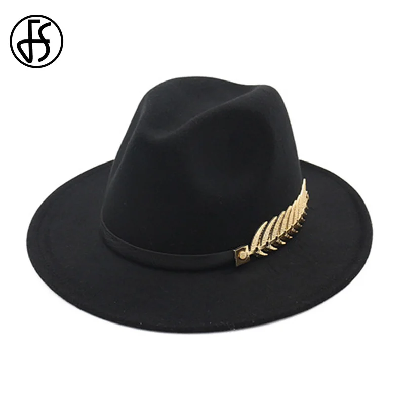 

FS Wool Felt Hats Black For Women With Wide Brim Belt Church Men Jazz Godfather Fedora Hat Trilby Gangsters Winter Chapeau Femme