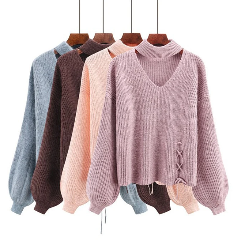 

BGTEEVER Winter Lantern Sleeve Knitted Sweater Pullover Women Side Lace Up Sweater Female Autumn Casual Hollow-out jumper 2018