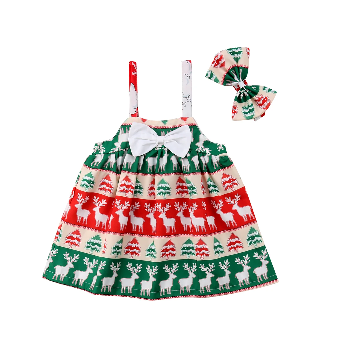 

2PCS Christmas Toddler Kid Girl Cute Animals Print Party Sleeveless Loose Casual Dress Sundress Headband Clothes Baby 2-7T