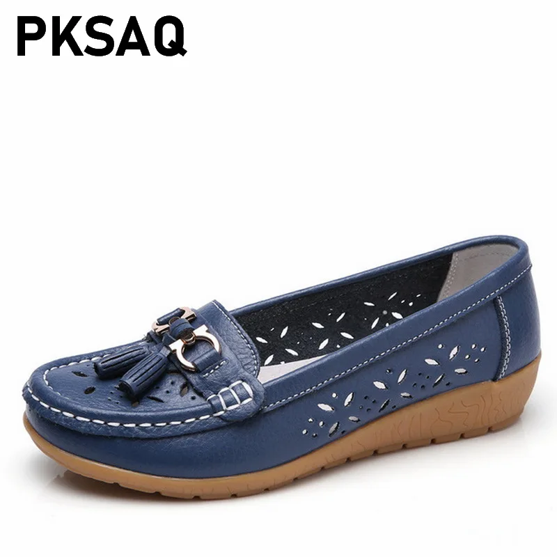 

2019 Hollow Summer Shoes Woman Real Leather Women Flats Slip On Women's Loafers Breathable Female Moccasins Shoe 35-41