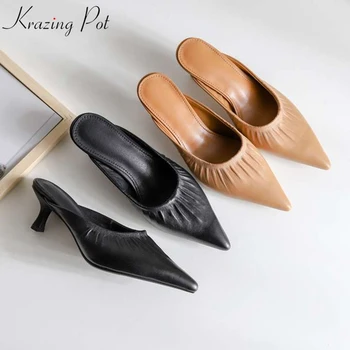

Krazing Pot hot selling pleated cowhide decoration slip on thin high heel streetwear concise design pointed toe summer pumps L21