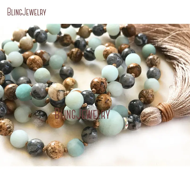 20190314-MN21252-jasper mala beads for confidence amazonite mala necklace hand knotted mala beads 108 bead meditation mala mixed stones silk tassel_2