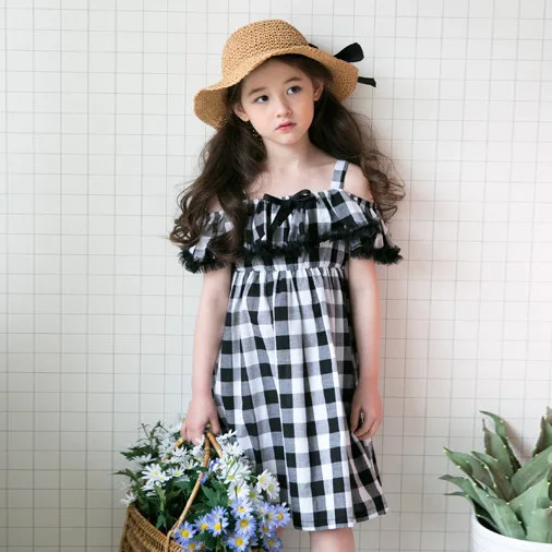 

2019 Summer New Lovely Big Girls Sleeveless Shoulderless Lace Ruched Black And White Plaid Princess Dress Party Dress