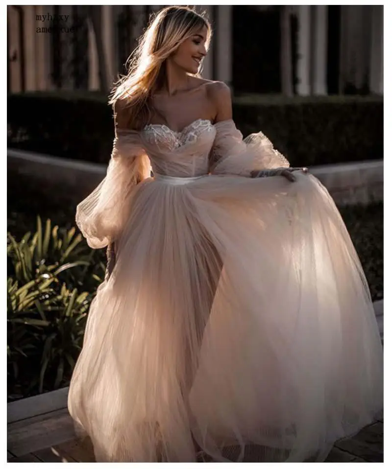 Светло-розовое дешевое свадебное платье принцессы Милая Аппликация пышные рукава невесты платье трапециевидной формы Тюль спинки свадебное платье в богемном стиле