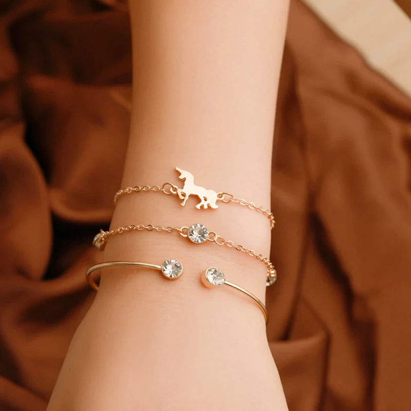 

3 Pcs/Set Simple Unicorn Pendant Zircon Alloy Chain Bracelet Bangles for Women Boho Minimalist Silver Color Charm Bracelet Gift