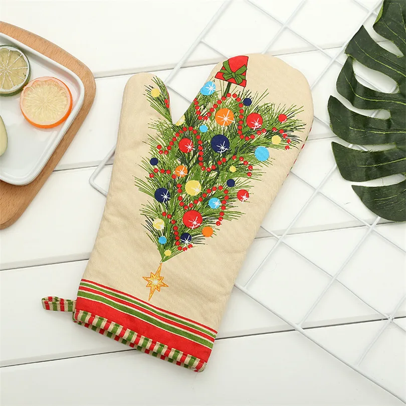 

1pc Christmas kitchen oven gloves Cotton Heatproof oven mitts Long size Non-slip Insulated Christmas tree printing baking glove