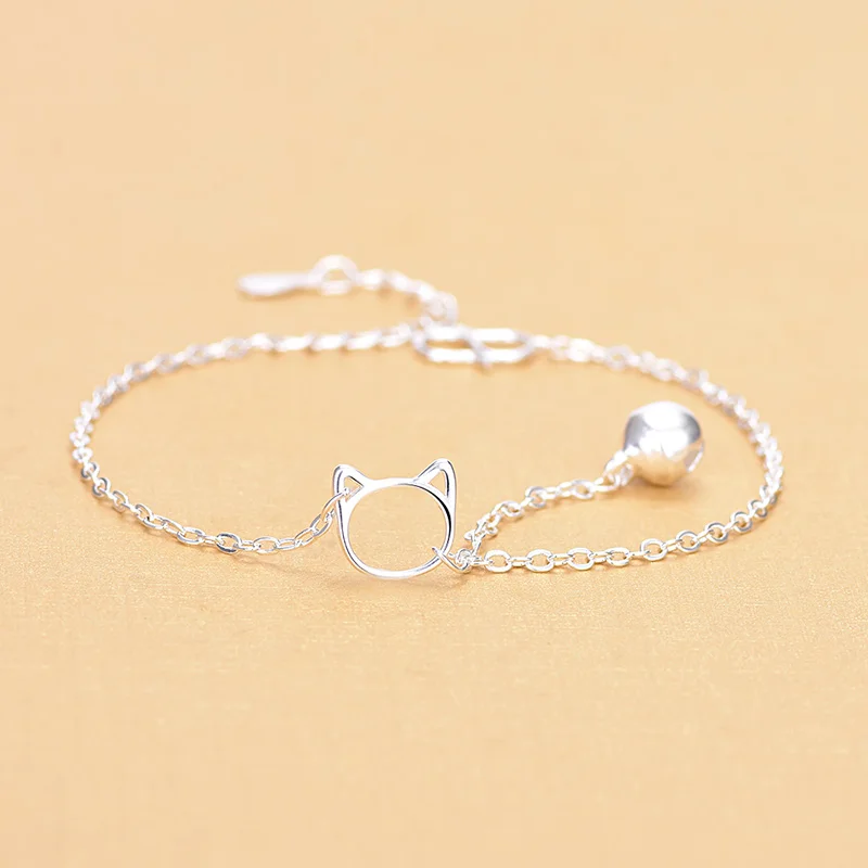 

Free Shipping Top Quality Wholesale Real 925 Sterling Silver Link Chain Bracelets With Cat Bell Charm Bracelets Fine Jewelry