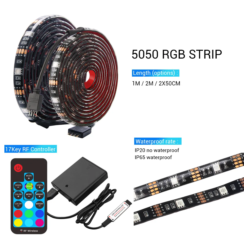 Светодиодная лента на батарейках 5 В, RGB, USB, 5050, гибкая, ТВ, настольный экран, фоновое освещение, светодиодная лента, водонепроницаемая, 1 м, 2 м, 17 ключей, RF