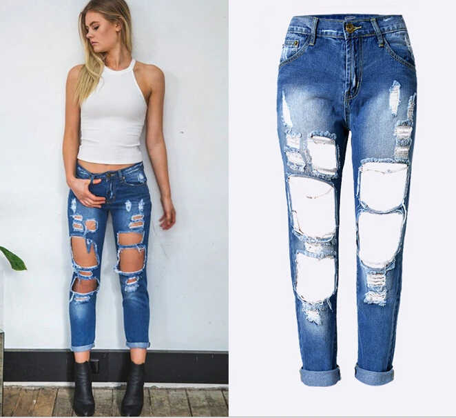 2017 Newest Women Stretch Ripped Knees Distressed Straight Denim Jeans Pants Fashion High Waist Hole Loose