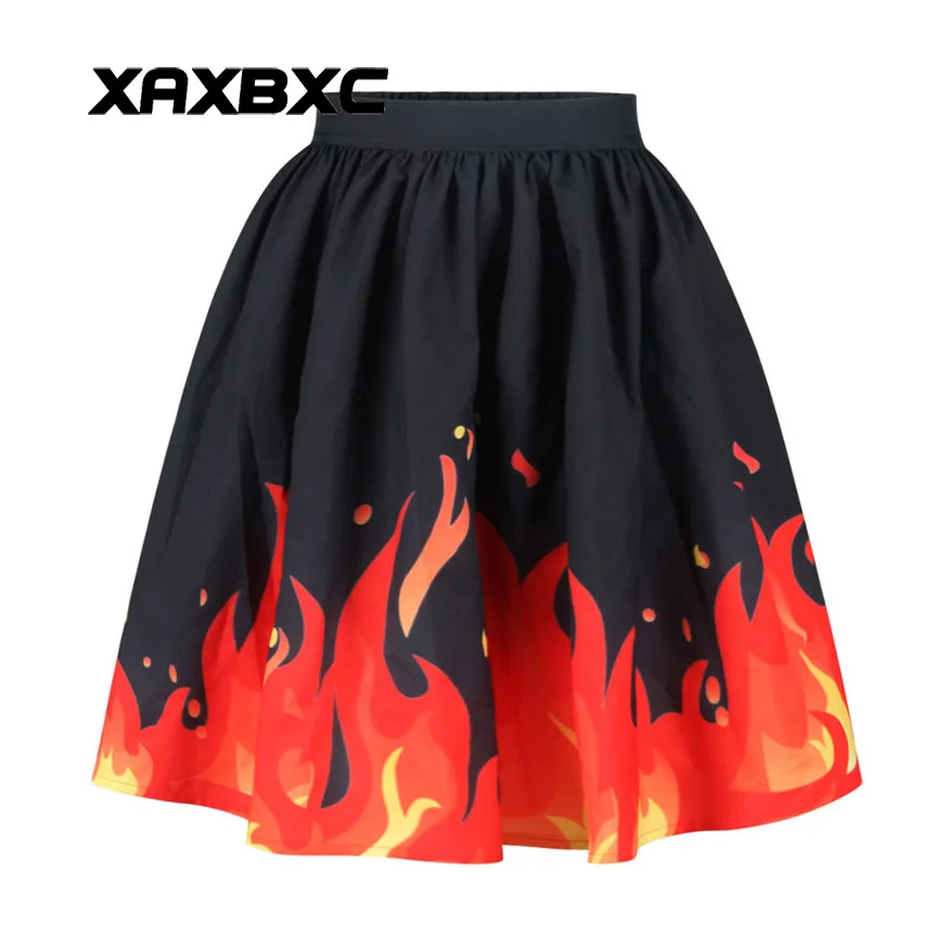 

XAXBXC 010 NEW Summer Sexy Girl Princess Bubble Skirt Raging Fire Flames 3D Prints Skater Pleated Knee Midi Women Skirt