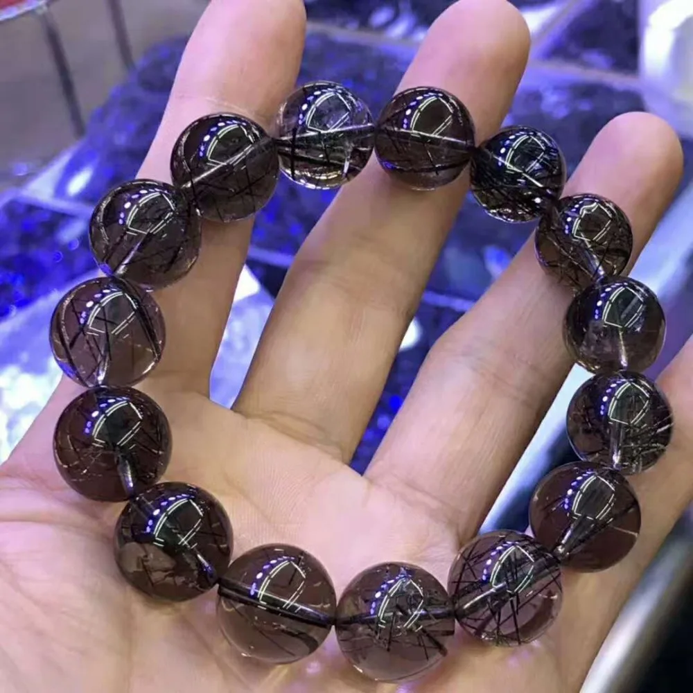 

Natural Stones Black Hair Rutilated Quartz Gems Bracelet 14.5mm Round Beads Crystal Jewelry Elastic Stretch Bracelets For Men