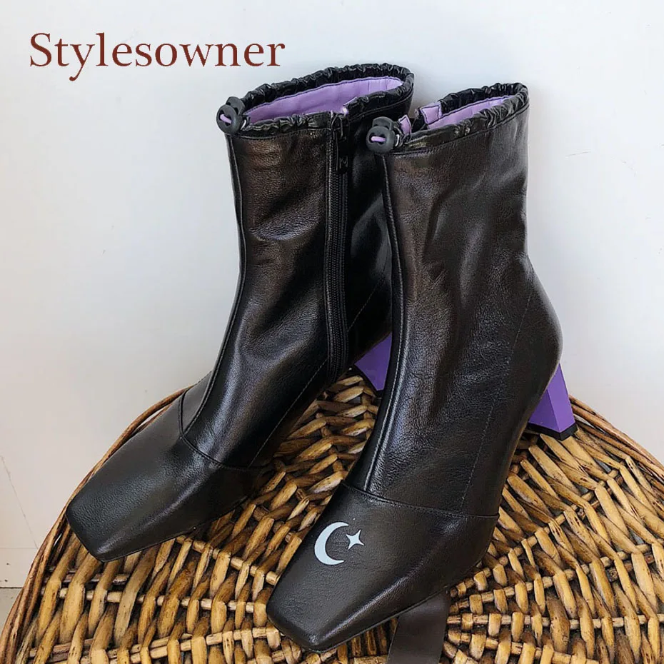 

Stylesowner black sheepskin square toe women ankle boots print moon patten strange high heel chelsea boots females new arrival