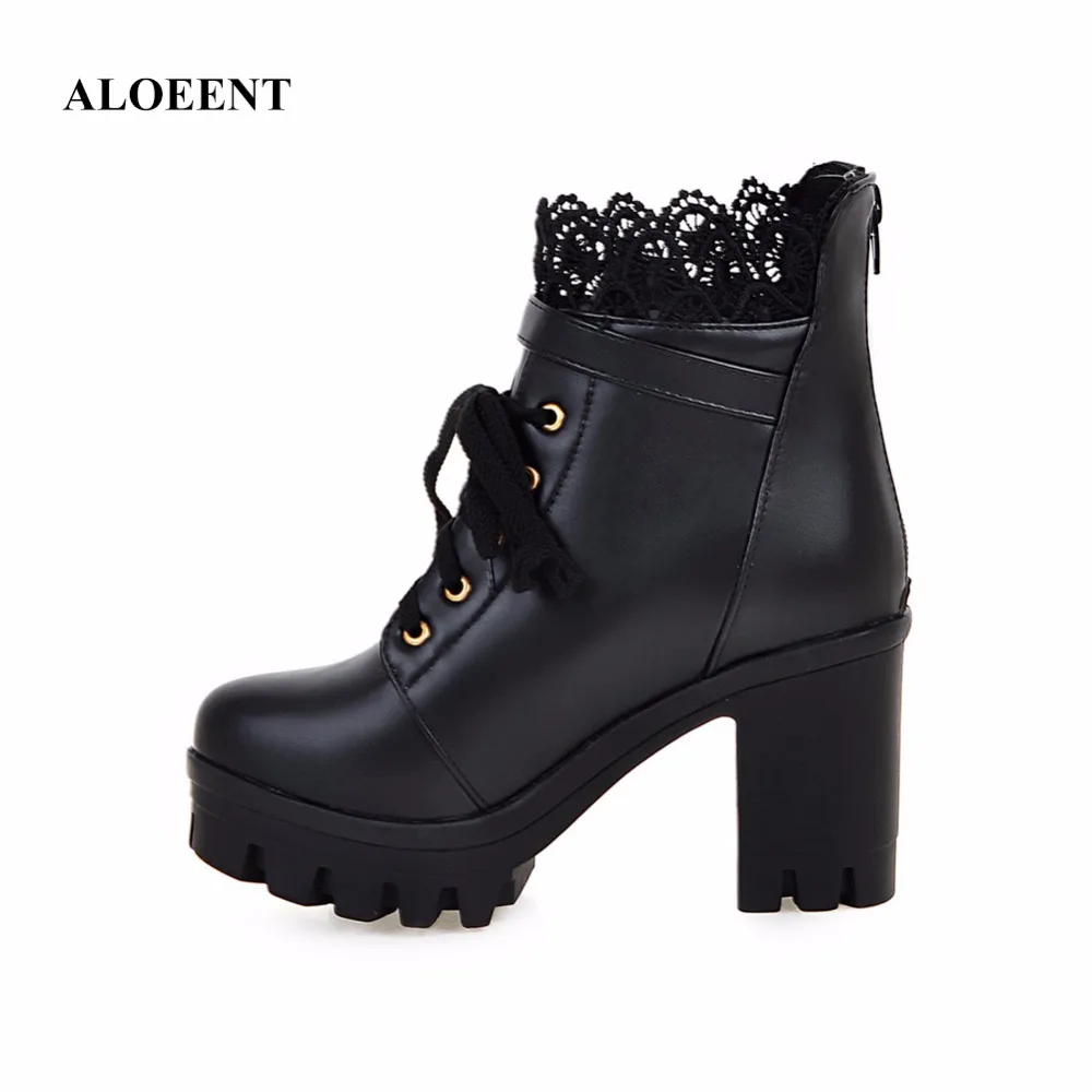 

ALOEENT Woman Fashion Leather Riding Ankle Boots Female Lace Up High Heels Comfortable Winter Shoes