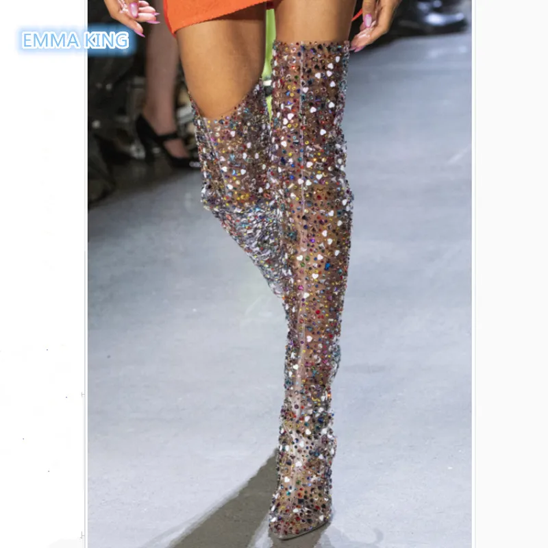 

Glittering Diamond Over Knee Boots Women PVC Transparent Sexy Ladies Clear High Heel Shoes Pointed Toe Chunky Heels Sequin Boots