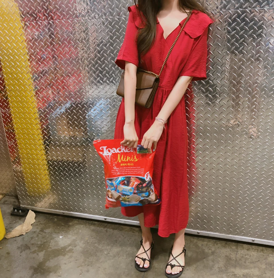 

2018 New Summer Women Dress Solid Red Dress Short Sleeve Casual Dresses Office LadyEmpire Mid-Calf Femme Elegant Dresses Ruffled
