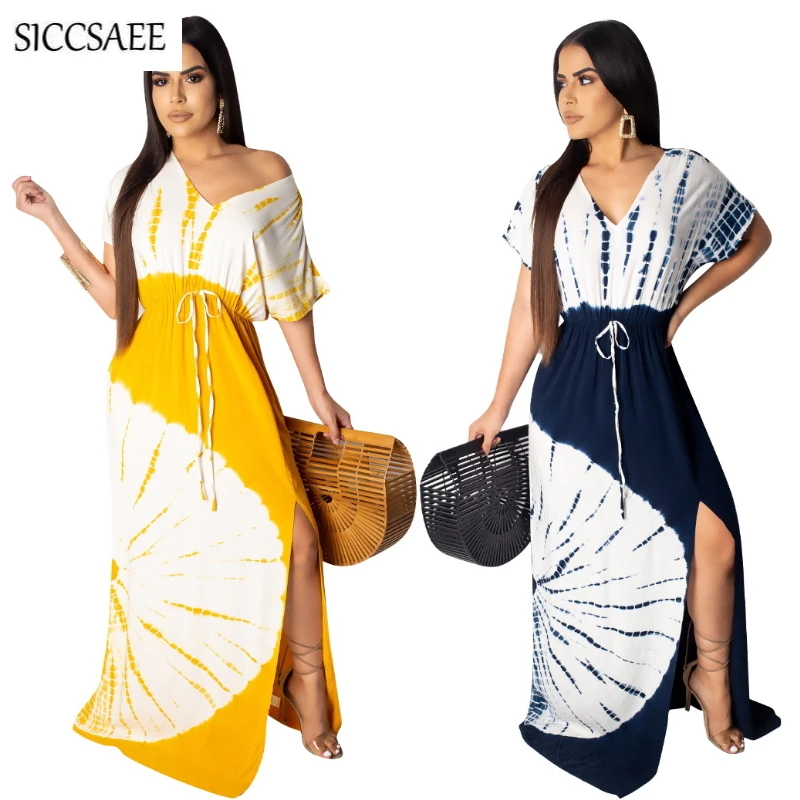 

2019 Summer Style Tie Dye Printed Maxi Dresses Long Bohemian Style Ropa Mujer Vestidos De Fiesta Sexy Casual Side Split Beach