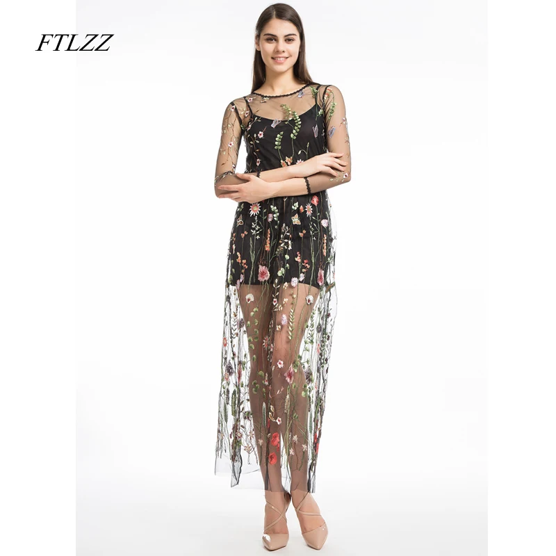Ftlzz Spring New Women Tulle Gauze Embroidery Floral Print Dress Summer