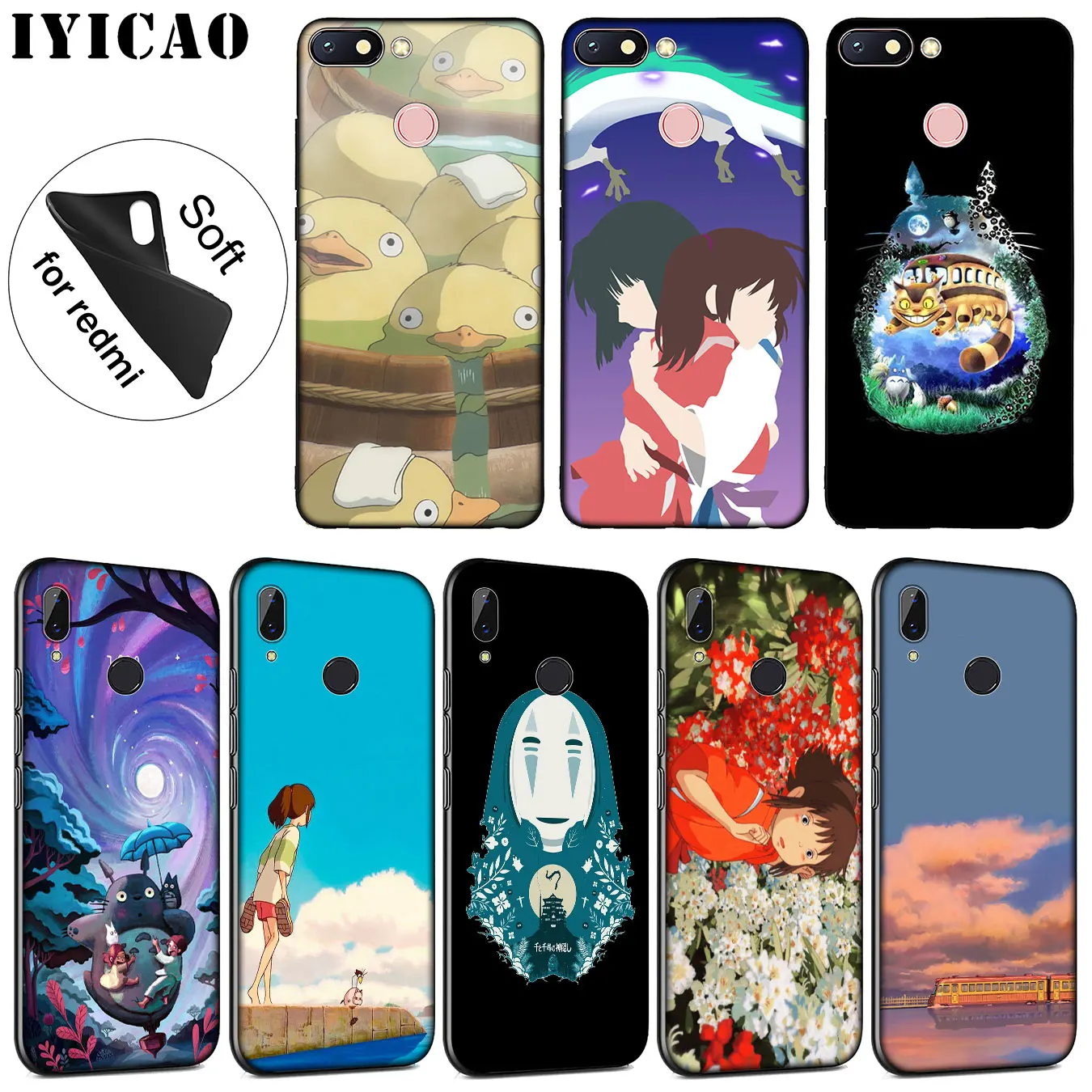 IYICAO Spirited Away Soft Silicone Phone Case for Xiaomi Redmi K30 K20 8A 7A 6A 5A S2 GO Note 8 8T 7 5 6 Pro Black TPU Cover |