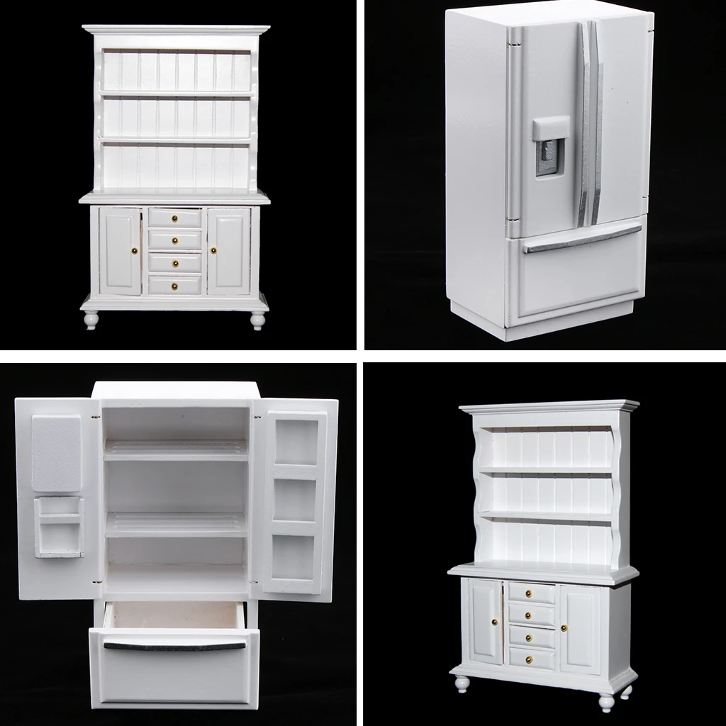 1/12 Dollhouse Miniature Wood Fridge & Cabinet Shelf Cabinet Model Kitchen Furniture Decoration White