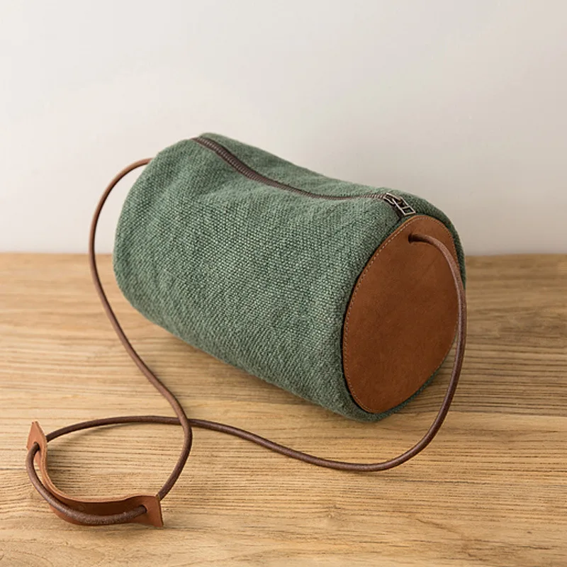 

New Literary Women's Bag Bucket Bag Retro Simple Cotton and Linen Women's Bag Cylindrical Casual Slung Shoulder Bag