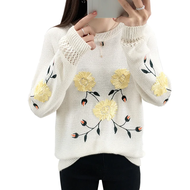 

2019 autumn new Embroidery O-Neck Sweaters Women Long Sleeve Knitted Sweaters Female Spring Casual Floral Thick Pullovers womens