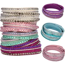 LNRRABC Hot Rhinestones PU Leather Crystal Multilayer Punk Bangles For Women Men Charm Bracelet manchette femme