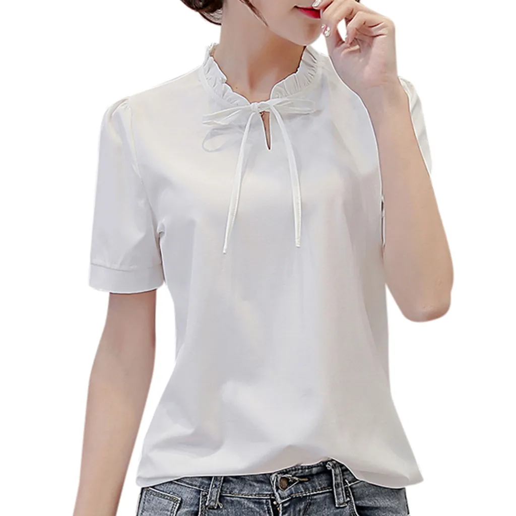 Women Fashion Blouse 2019 Women Summer Work Office Short Sleeve Bow Tie Solid Chiffon Blouse Tee Shirt Top