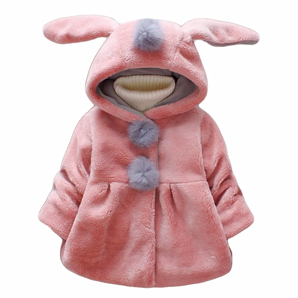Newborn Baby Girls Rabbit Ear Coat Winter Warm Hooded Jackets Fur Pom
