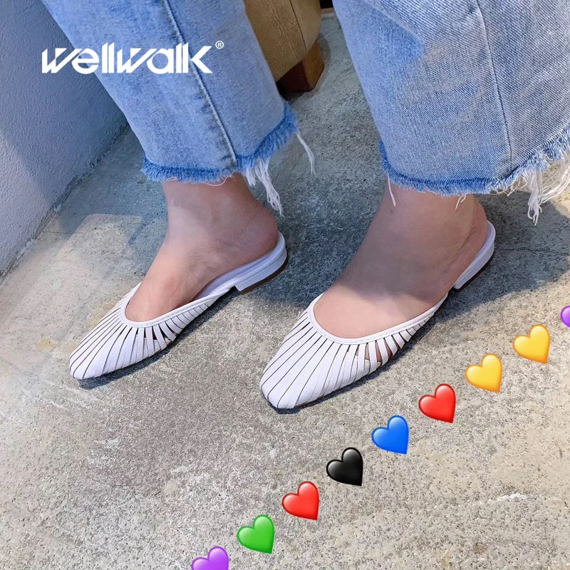 Small Heel Slippers Ladies Mules Shoes Straps Slides Women Square Toe Shoes Summer Mules Hollow Out Design Shoes
