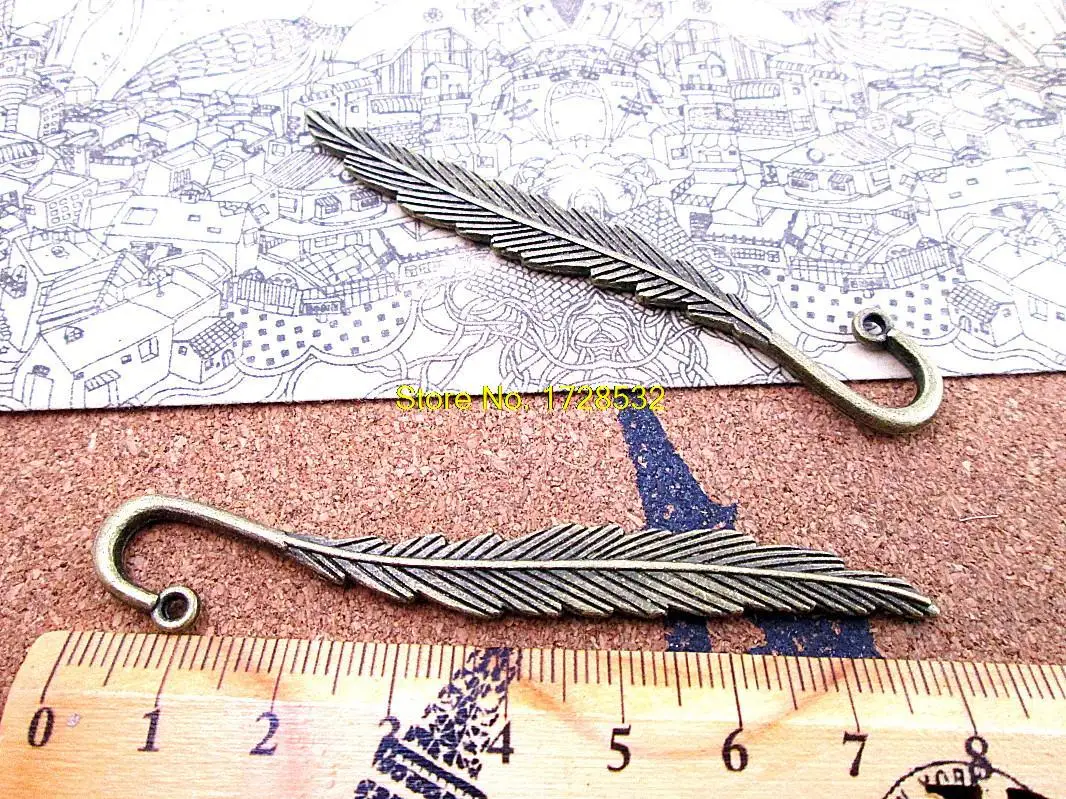 

5pcs-- 80mm Antique bronze two side feather bookmark Charms DIY Charms Pendants