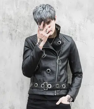 

New Korean Slim Short Hair stylist Leather Fashion jacket Trendy Men's Motorcycle Leather Jacket DJ singer Costume