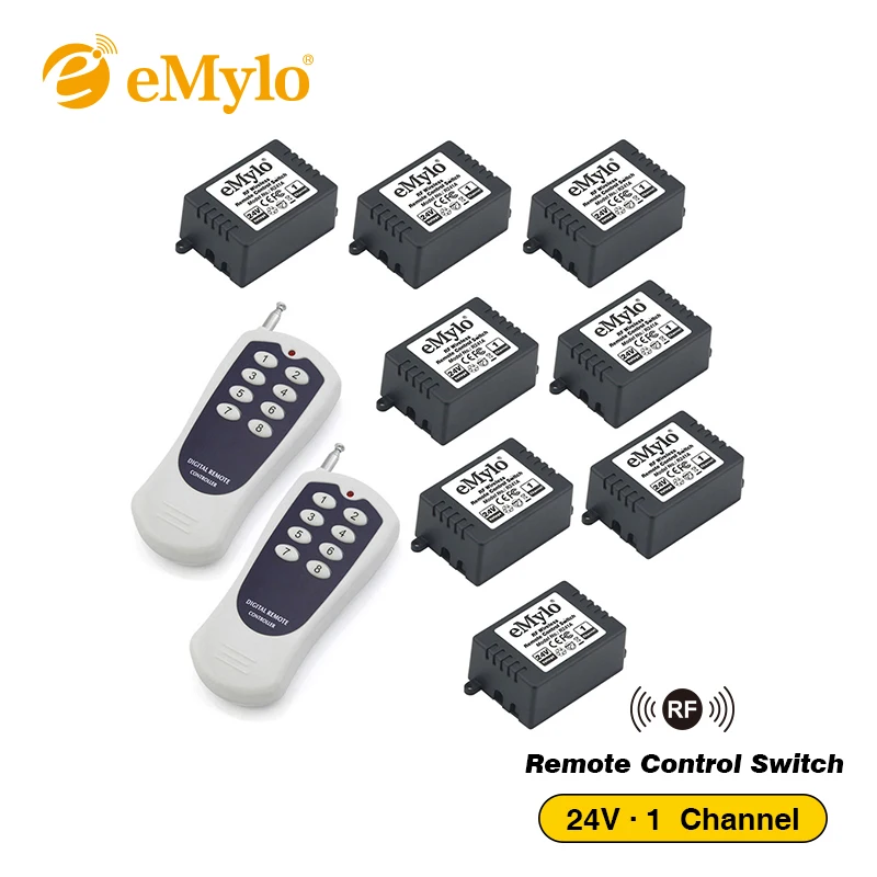 eMylo DC 24V Learning Smart Switch RF Wireless Remote Control Light Switch 2X Black&White Transmitter 8X 1 Channel Relays 433Mhz